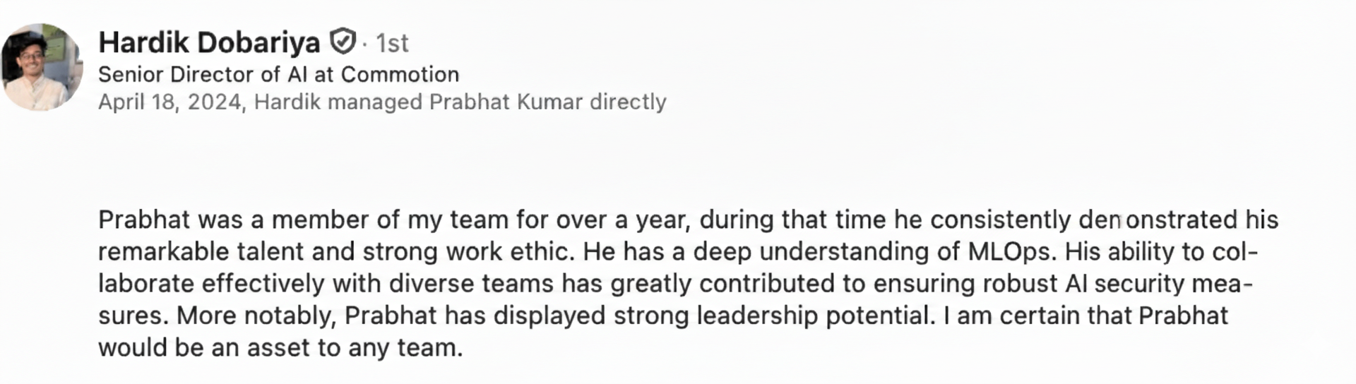 Recommendation from Hardik